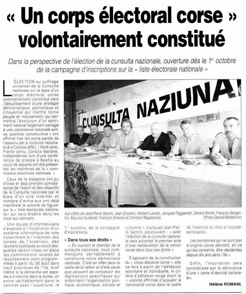 CUNSULTA NAZIUNAE 1er Conférence de presse 26 août 2002